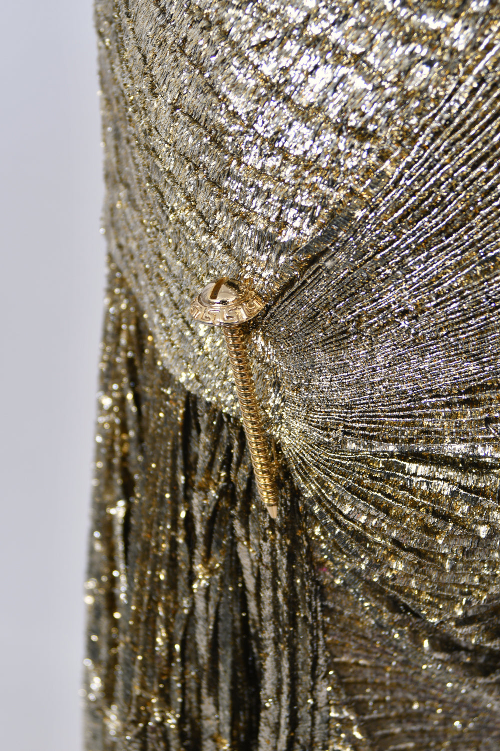 1994 Gianni Versace Couture Runway Metallic Gold Pleated Lamè High-Slit Gown