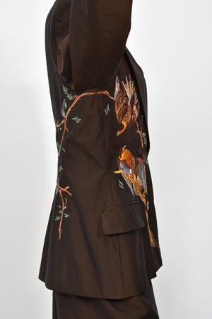 1998 Alexander McQueen for Givenchy Brown Wool Embroidered Birds Blazer Pantsuit