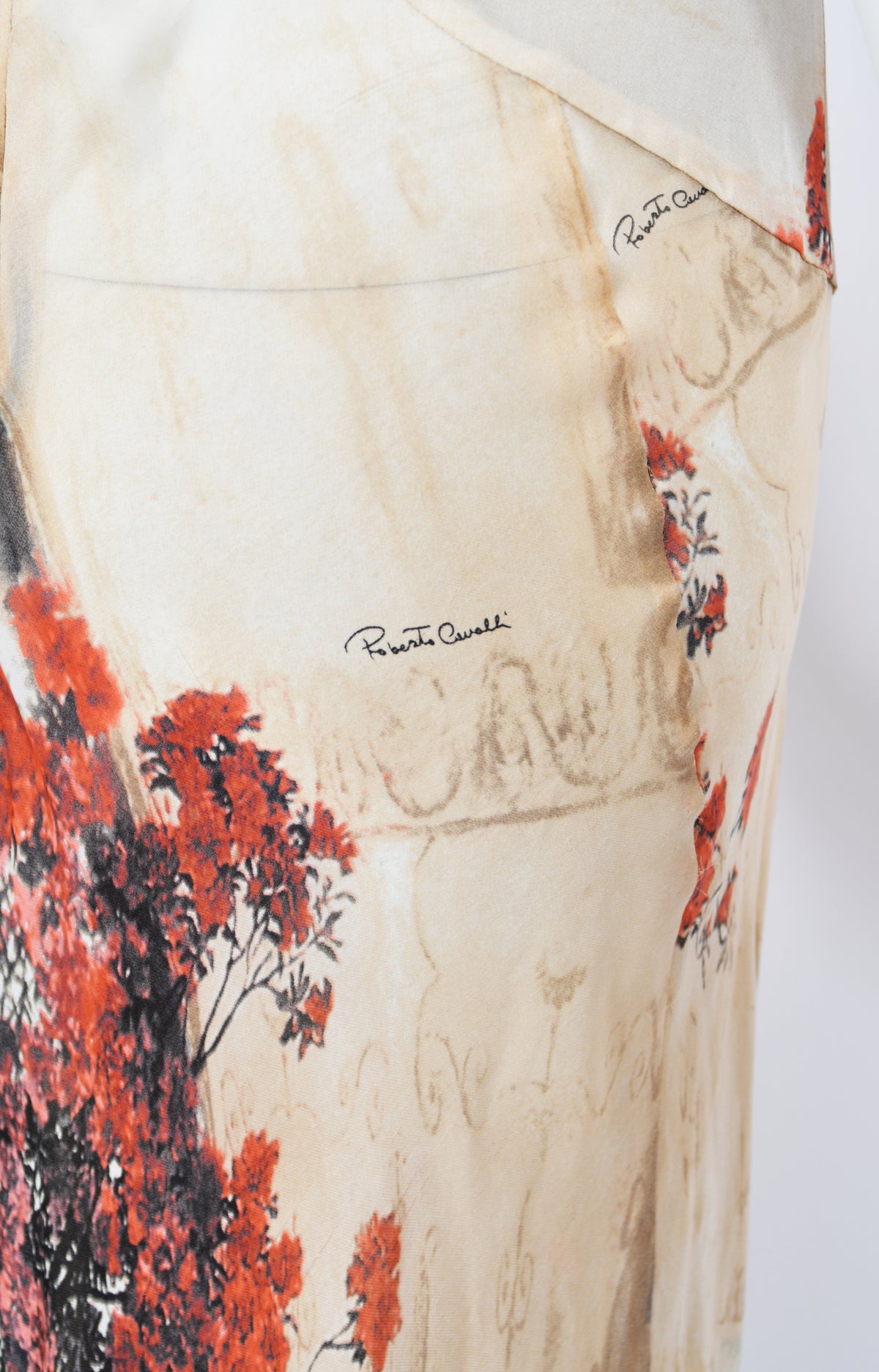 2004 Roberto Cavalli Runway Look 27 Metallic Silk &#39;Lady Print&#39; Cut-Out Gown