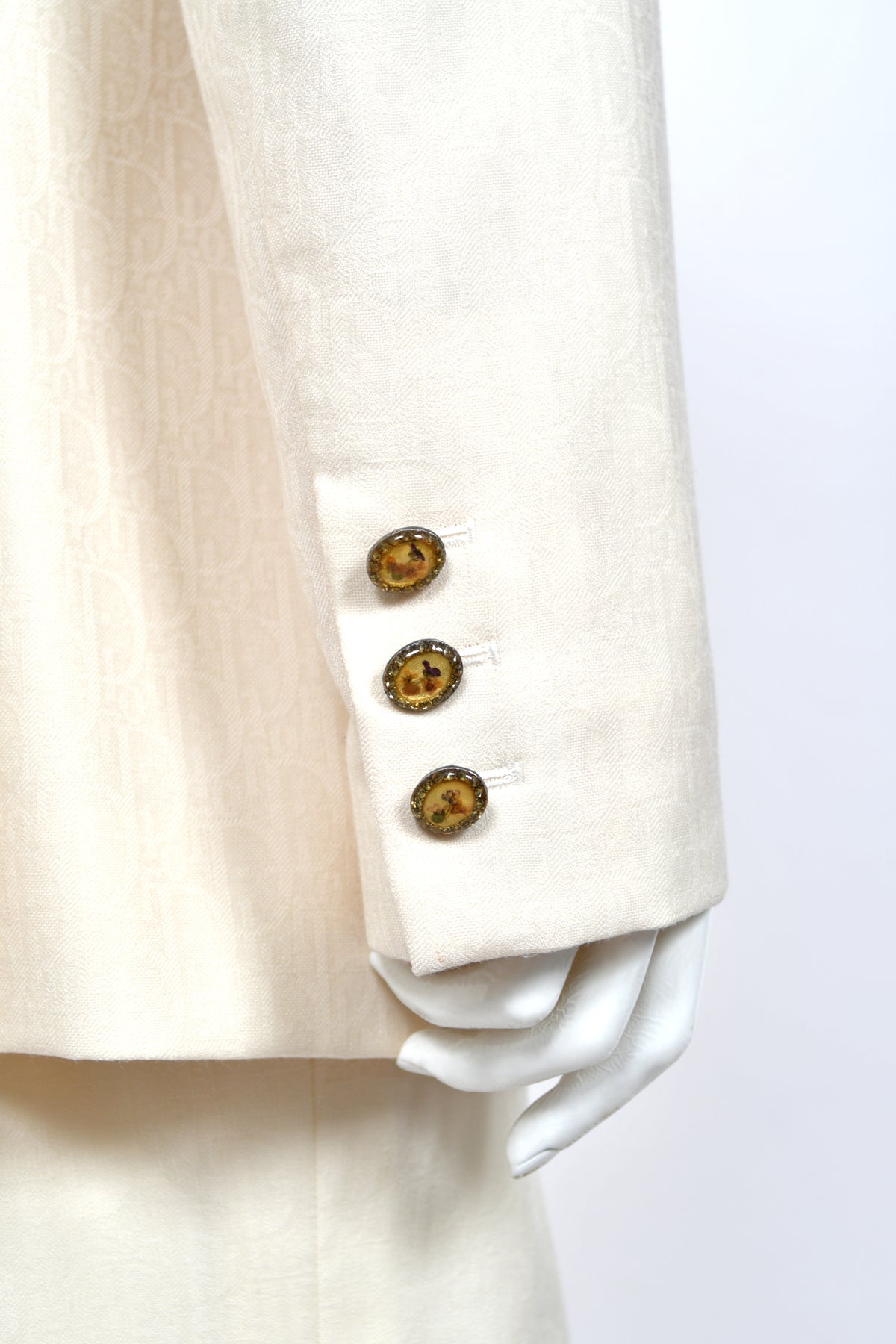 1999 Christian Dior by John Galliano Ivory Logo-Print Silk Enamel Buttons Pantsuit