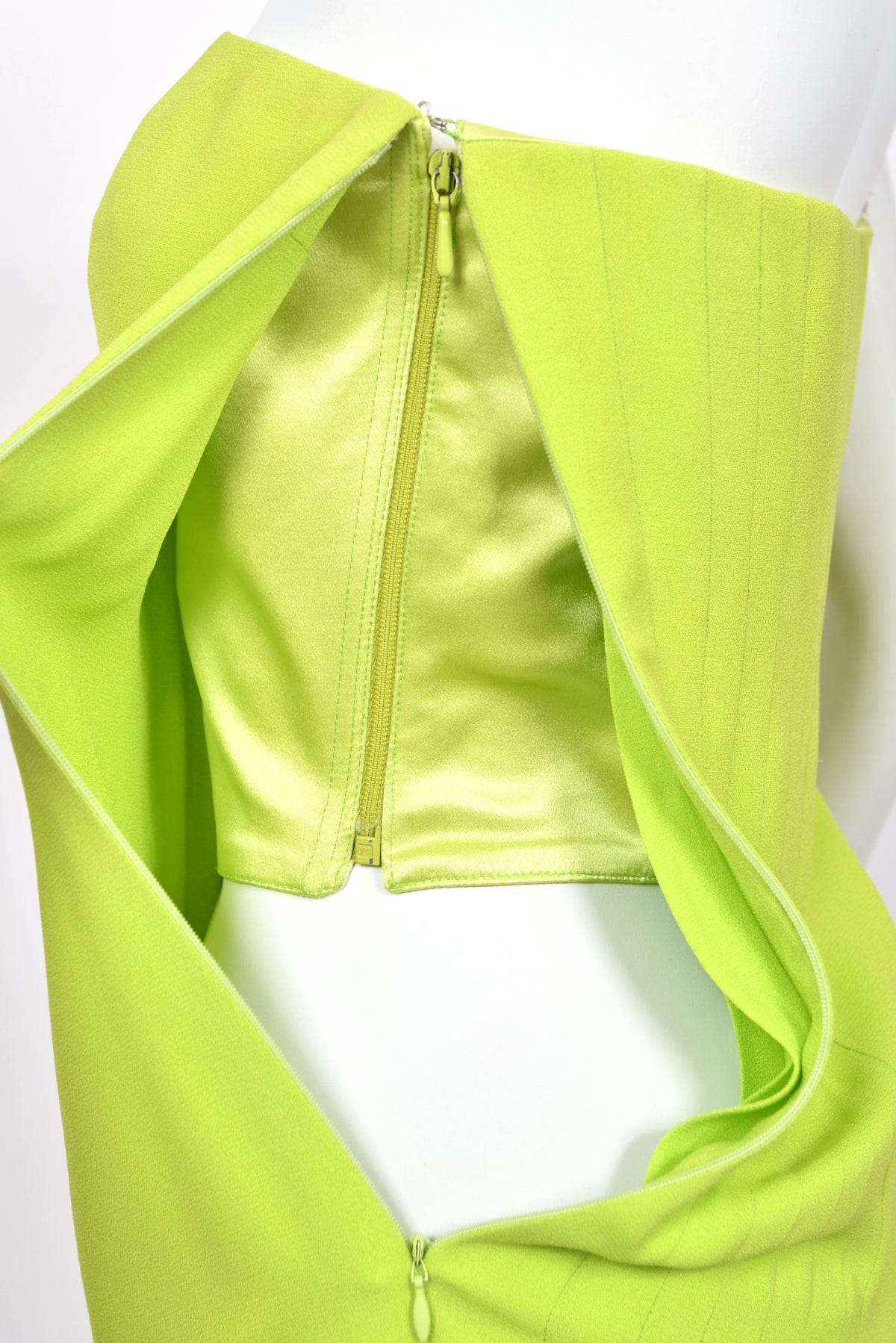 1997 Gianni Versace Lifetime Runway Lime Green & Black Embellished Silk High-Low Dress