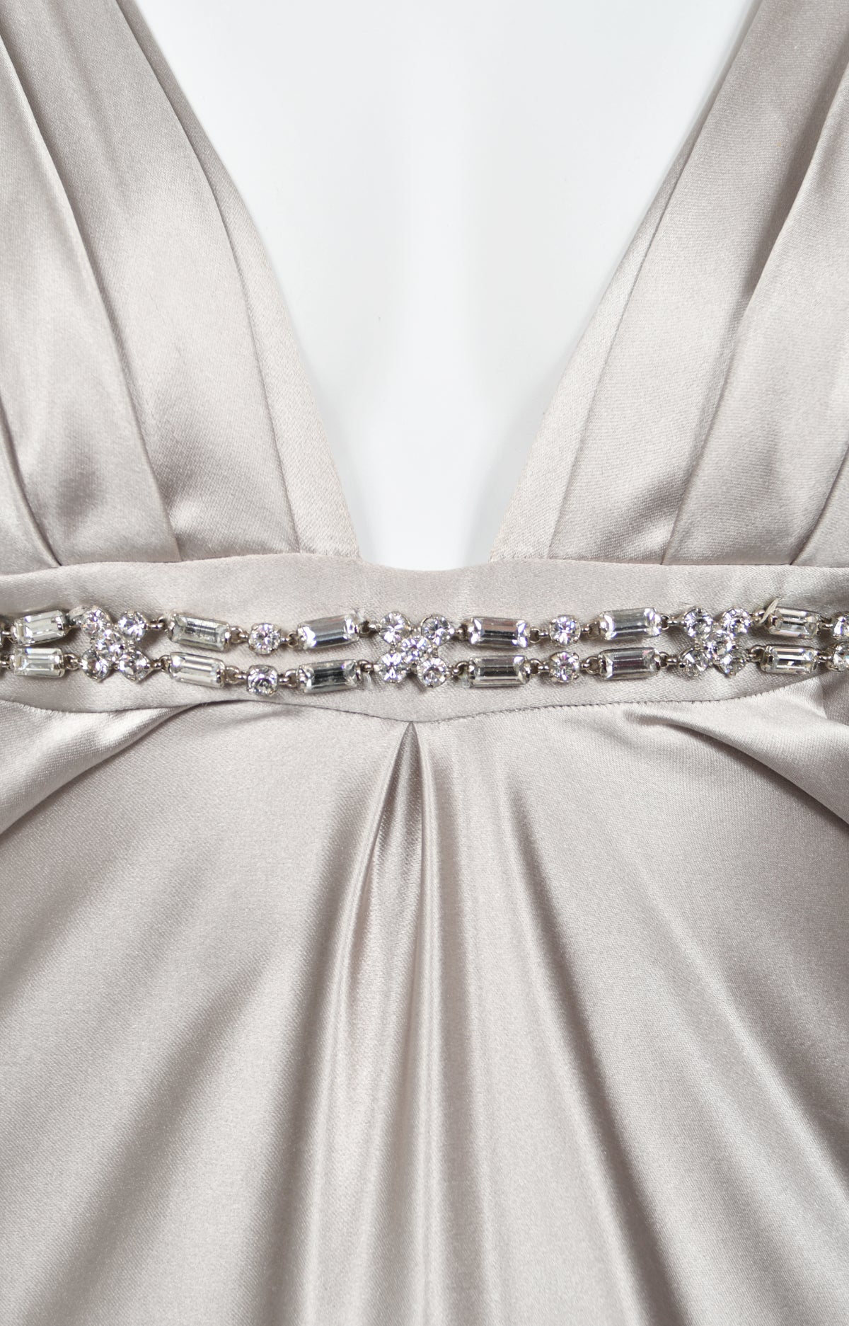 2006 Dsquared2 Platinum Silk Jeweled Backless Trained Glamour Gown