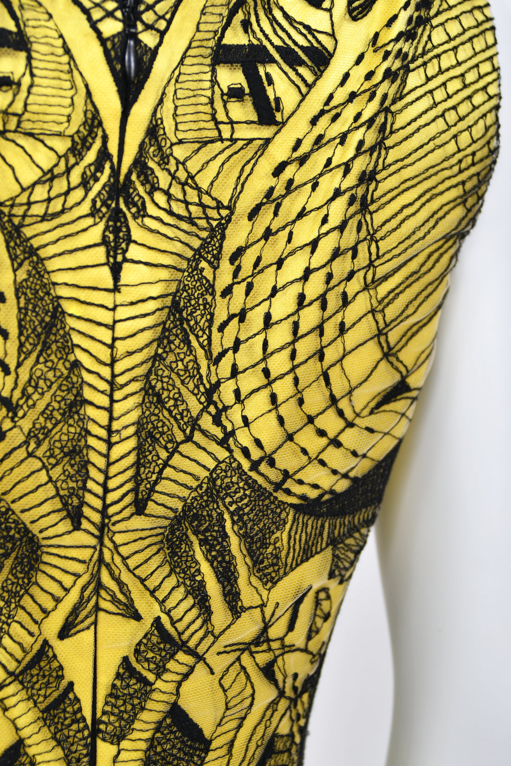 2010 Alexander McQueen Lifetime Insect Tattoo Embroidered Net-Lace Yellow Mini Dress