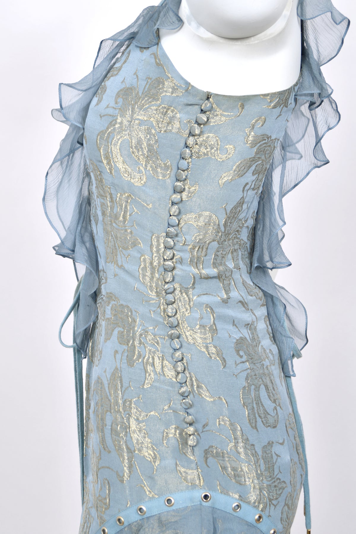 2003 Christian Dior by John Galliano Metallic Powder Blue Floral Silk Brocade Lace Up Bias-Cut Gown