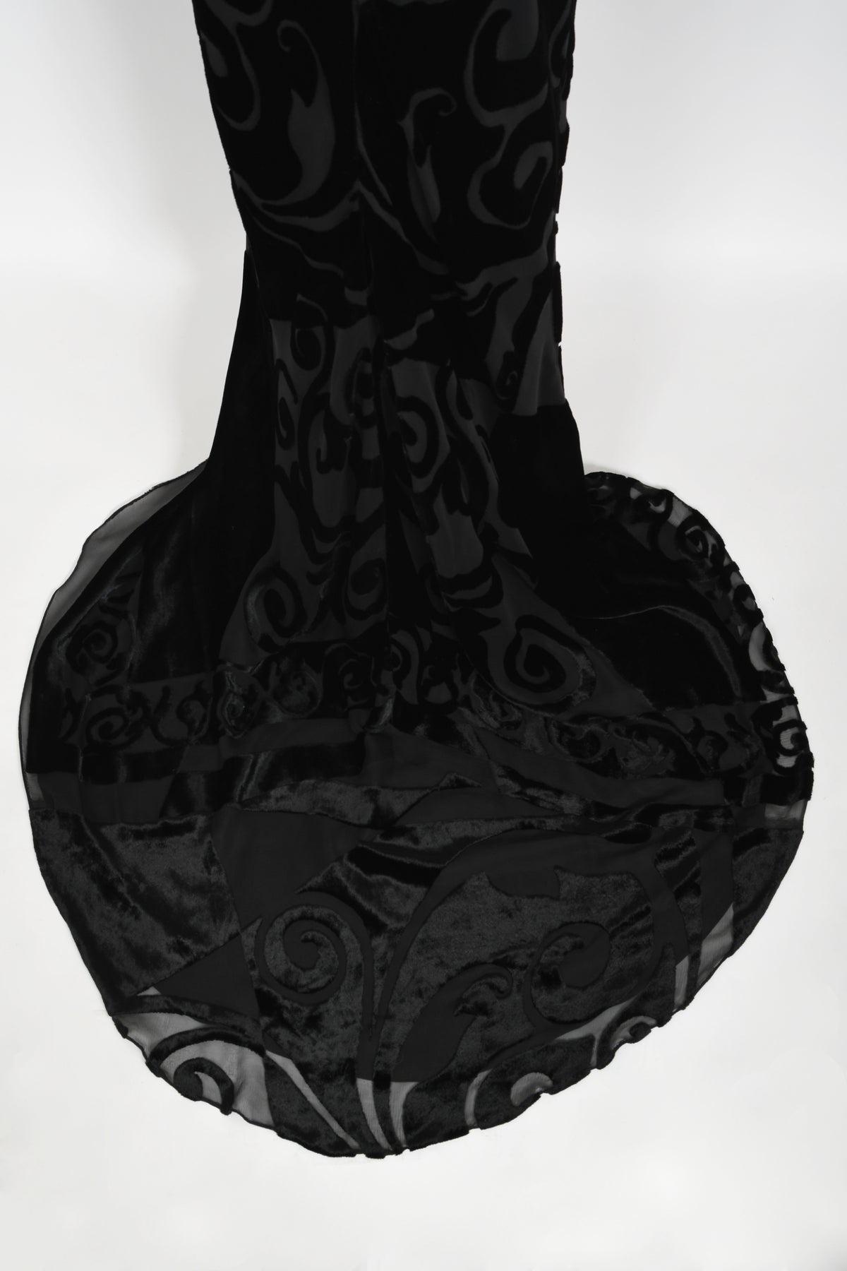 1997 Galindo Couture Black Devoré Velvet Bias-Cut Halter Trained Gown