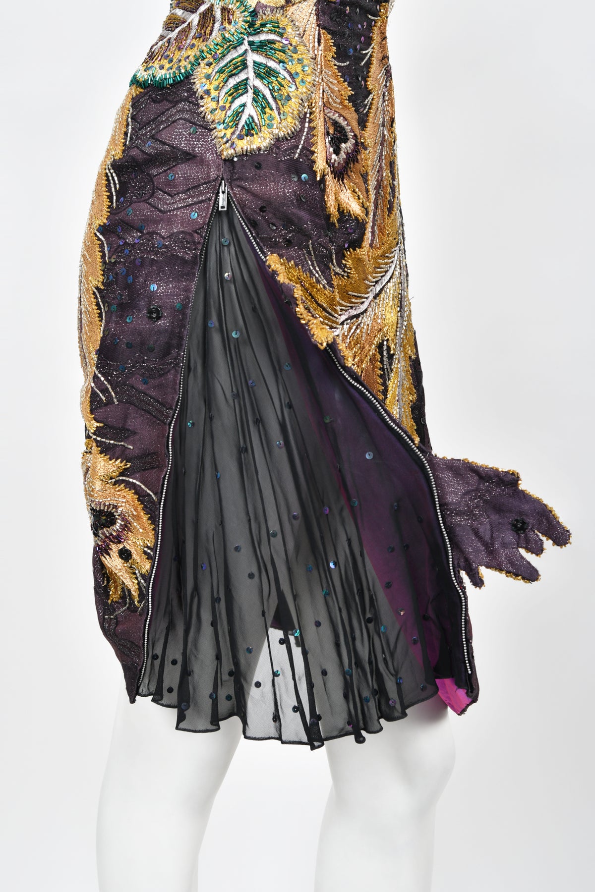 1970&#39;s Embroidered Peacock Motif Beaded Silk Couture Dance Dress