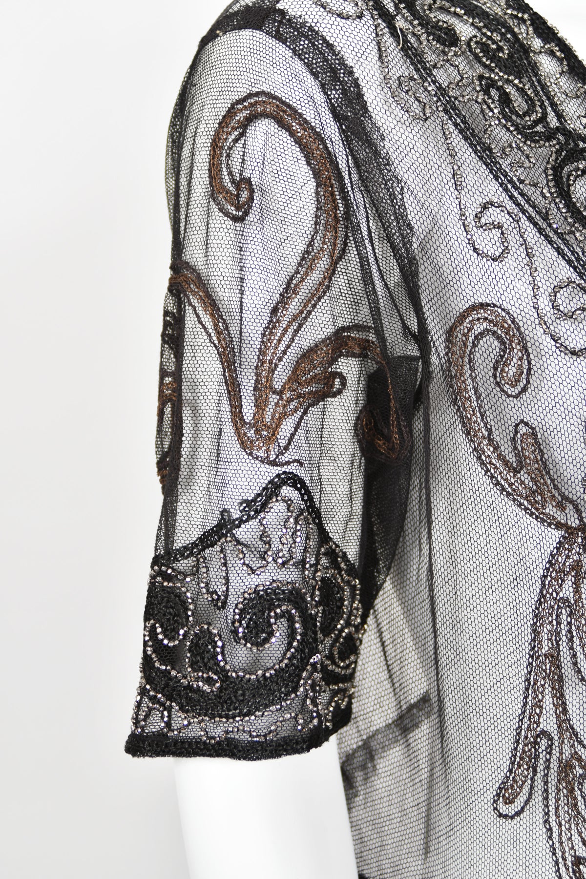 1920&#39;s Embroidered Black Sheer Mixed-Lace Beaded Art Deco Motif Dress