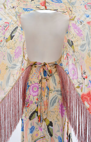 1971 Missoni Couture Colorful Floral Bird Print Silk-Jersey Caftan Gown