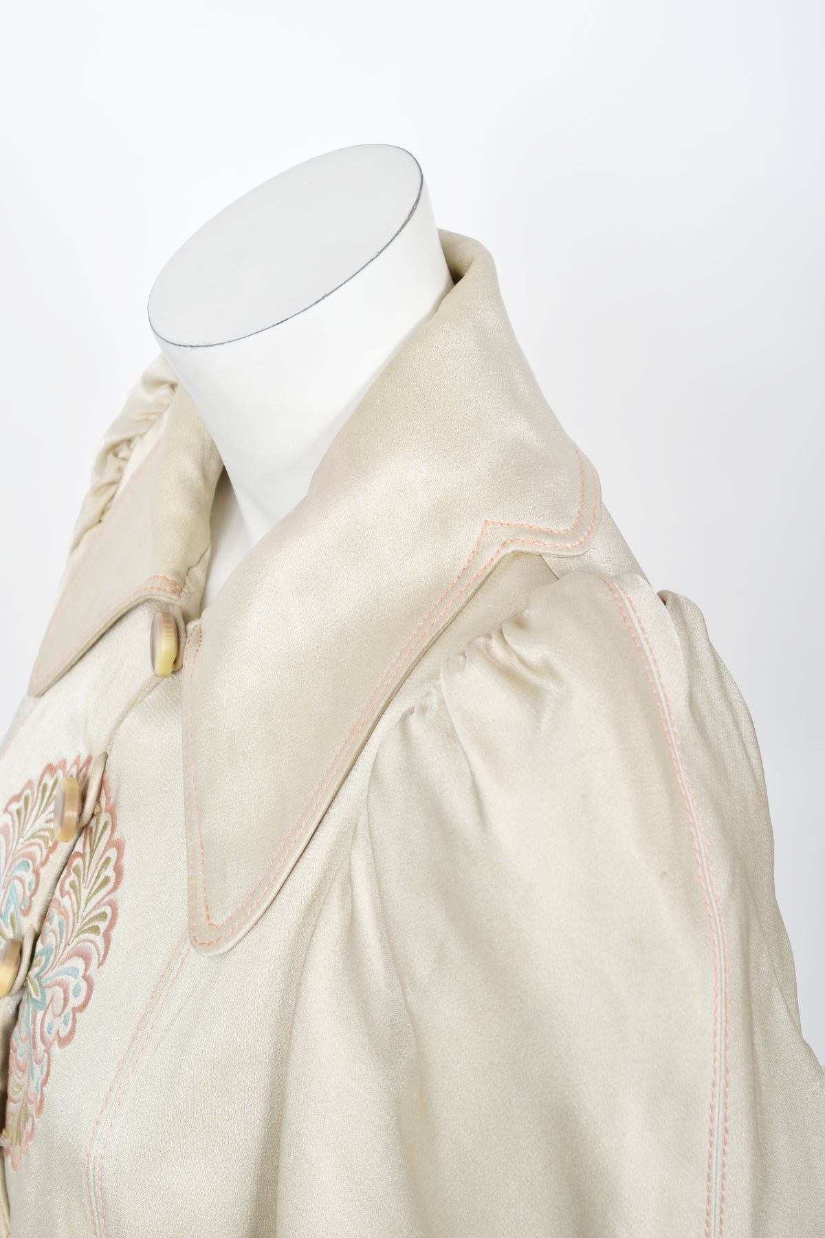 1973 Bill Gibb Couture Embroidered Ivory Satin Mutton-Sleeve Jacket &amp; Vest