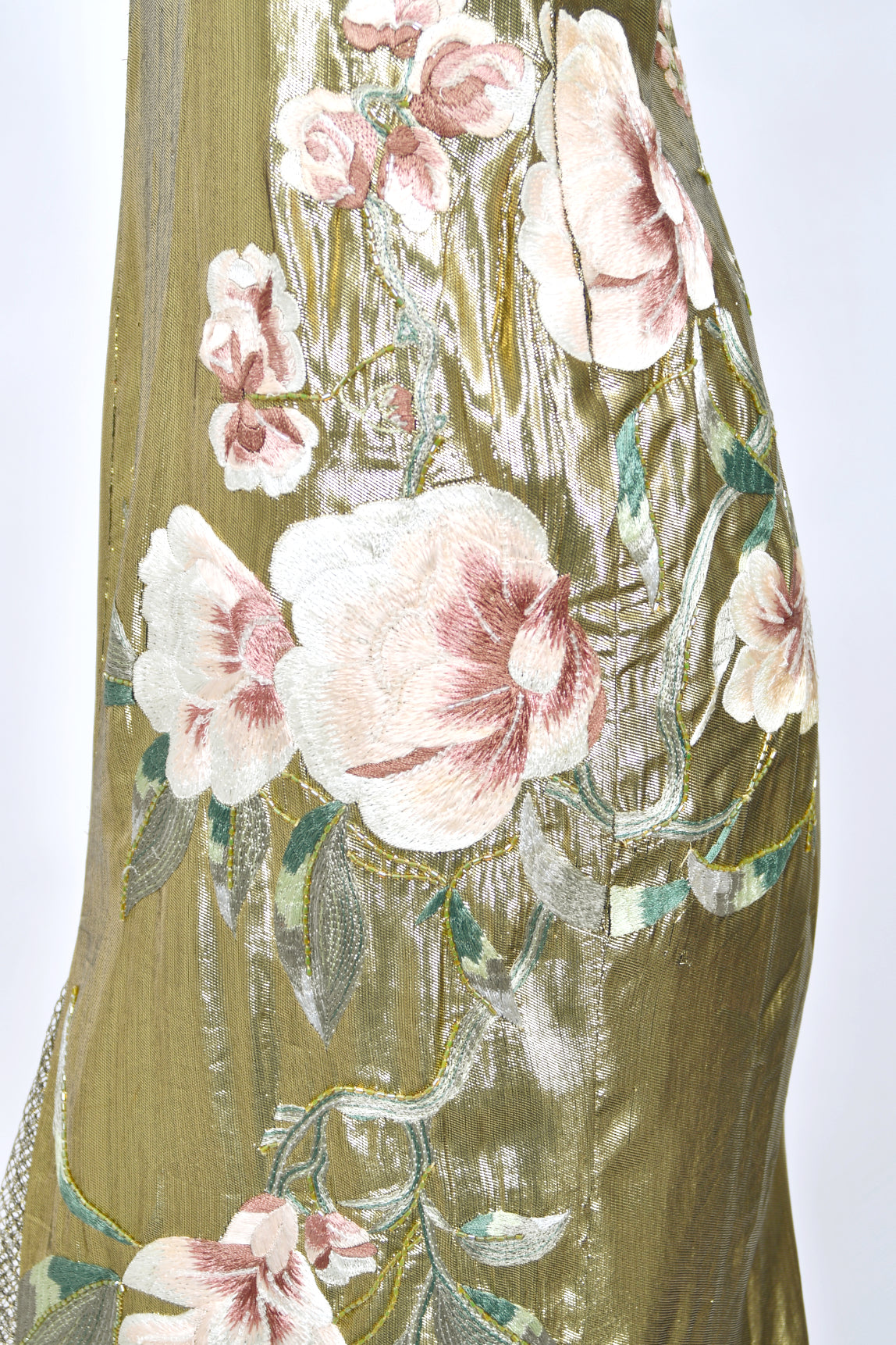 1997 Valentino Runway Metallic Gold Beaded Embroidered Floral Lamé Silk High Slit Column Gown