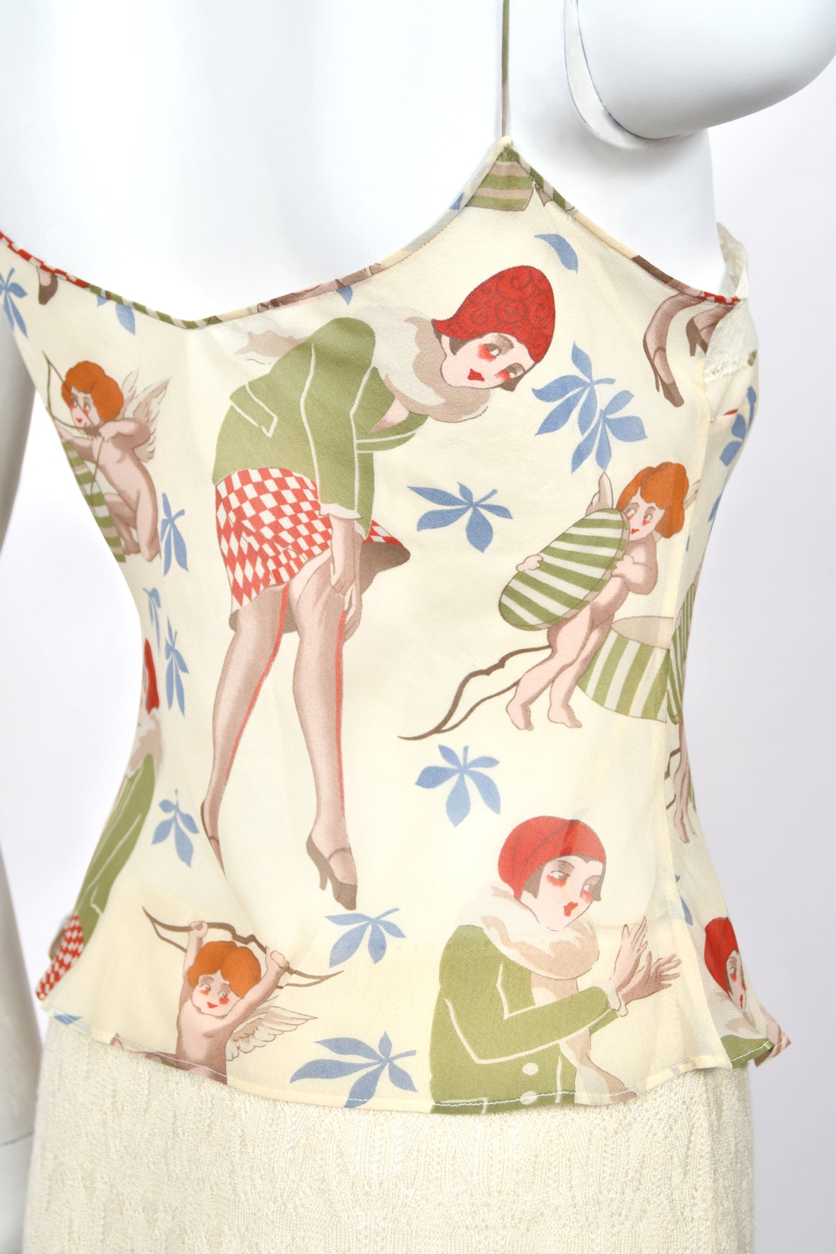 2004 John Galliano 'Cherubs & Flappers' Whimsical Print Silk Camisole & Cashmere Knit Bias-Cut Skirt Set