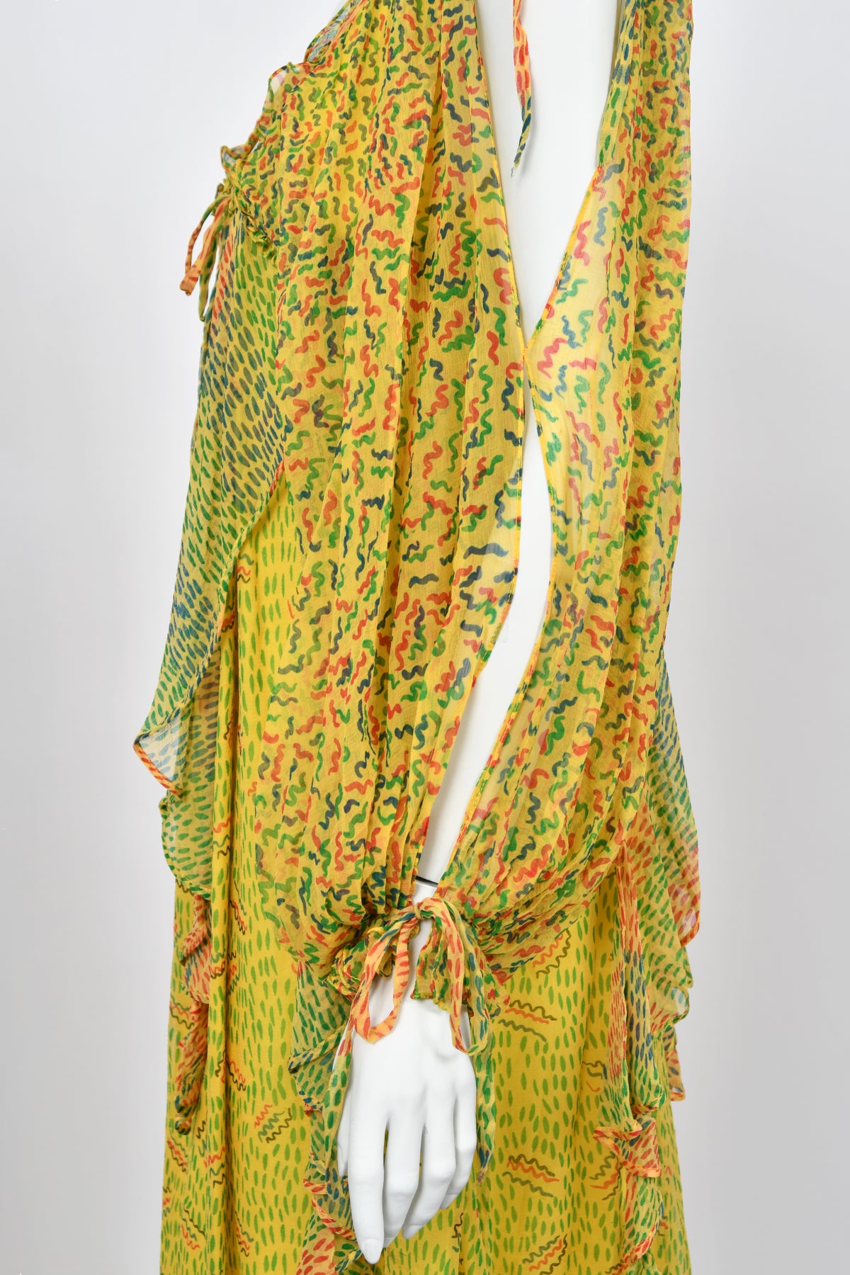 1971 Ossie Clark for Quorum Celia Birtwell Yellow Print Sheer Silk Chiffon Cut-Out Dress