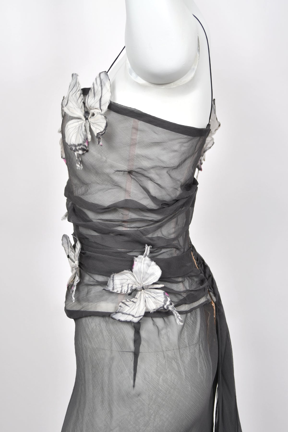 1998 Dolce &amp; Gabbana 'Stromboli Collection' Hand-Painted Butterflies Grey Sheer Silk Corset Gown