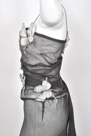 1998 Dolce & Gabbana 'Stromboli Collection' Hand-Painted Butterflies Grey Sheer Silk Corset Gown