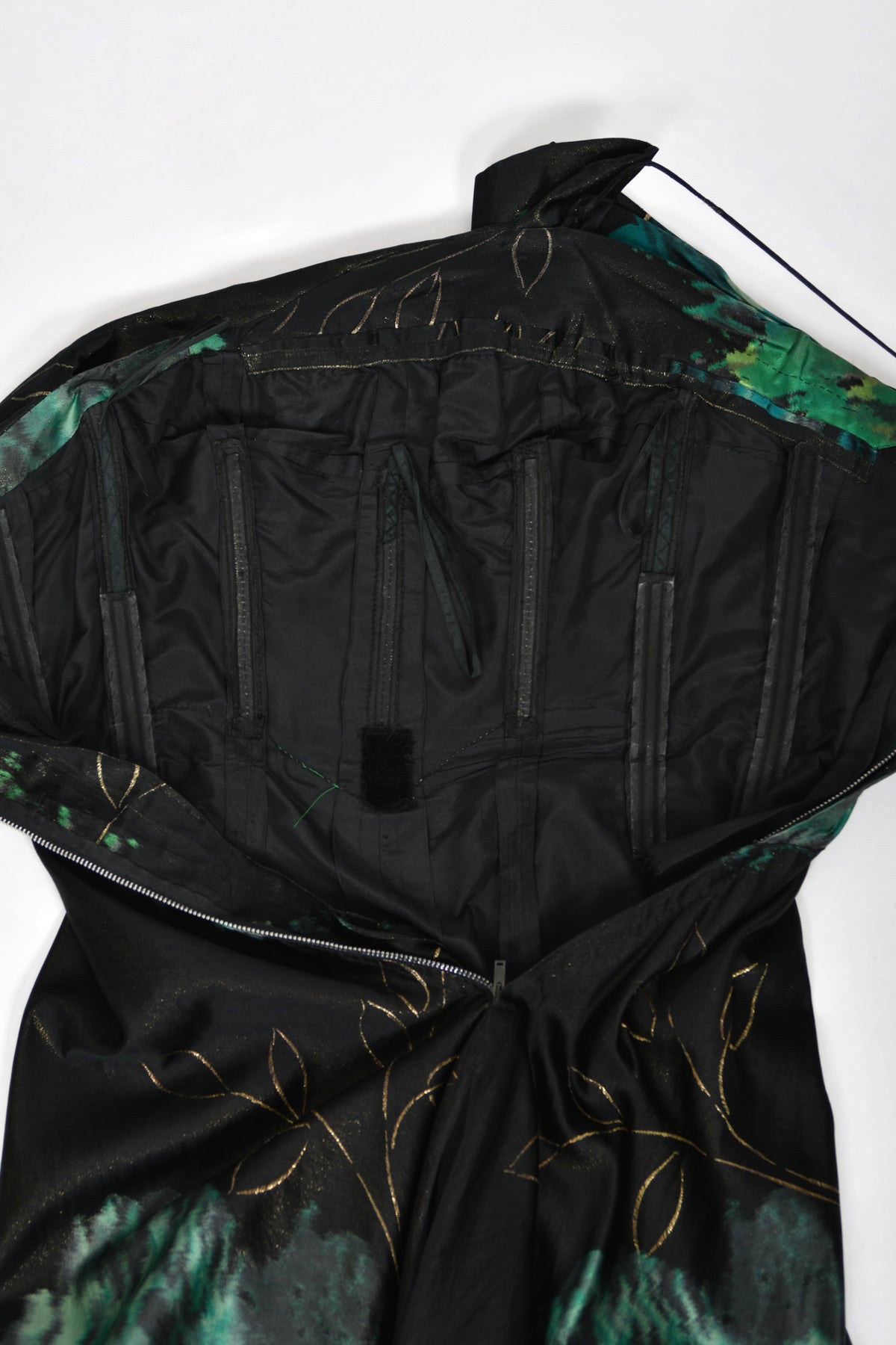 1950 Irene Lentz Couture Metallic Green & Black Floral Silk Sculpted Bustier High-Low Gown