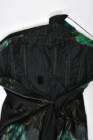 1950 Irene Lentz Couture Metallic Green & Black Floral Silk Sculpted Bustier High-Low Gown