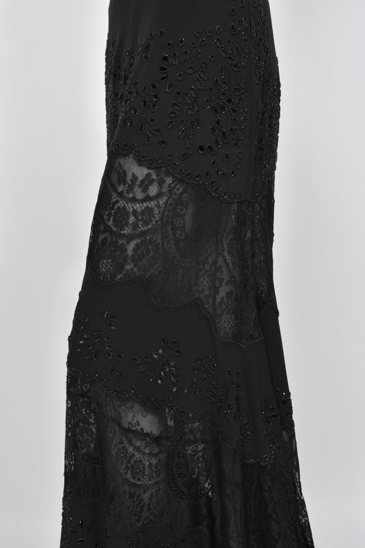 1998 Valentino Runway Black Beaded Cut-Out Silk &amp; Sheer Lace Bias-Cut Gown