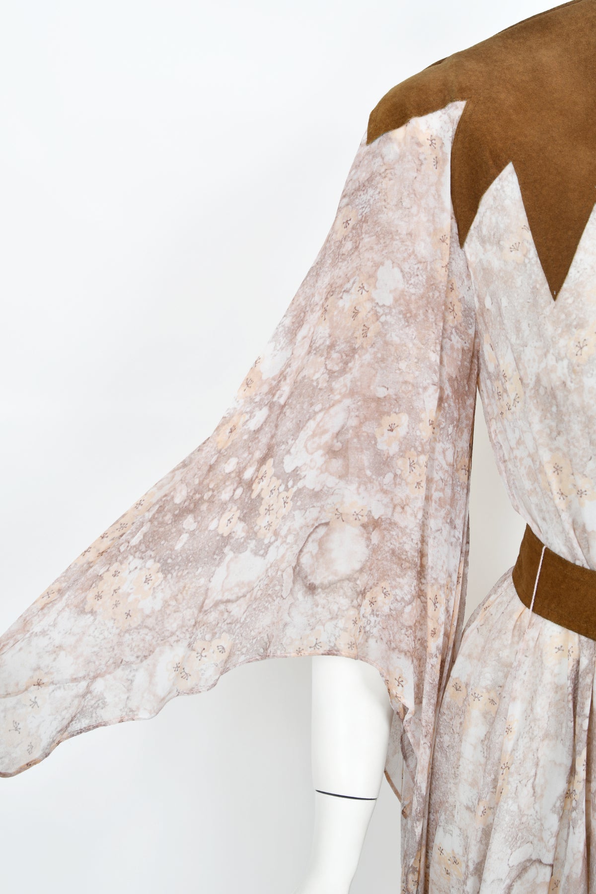 1971 Giorgio Sant&#39; Angelo Watercolor Chiffon &amp; Suede Angel-Sleeve Wrap Dress