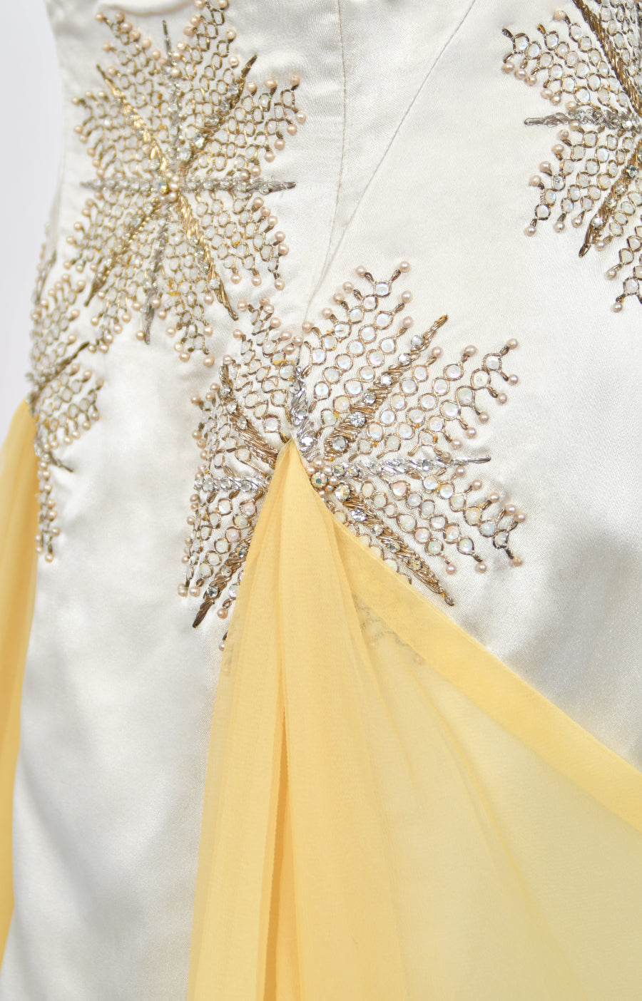 1950&#39;s French Couture Ivory Metallic Embroidered Beaded Silk Skirted Hourglass Gown