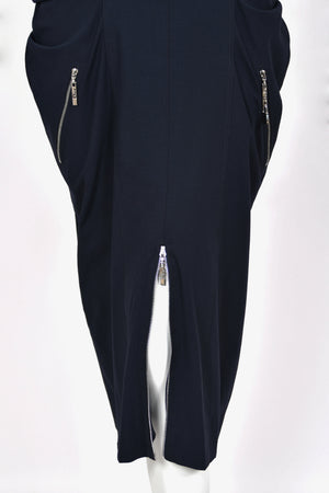 2004 Christian Dior by John Galliano Navy Stretch Silk Sheer-Sleeves Hourglass Dress