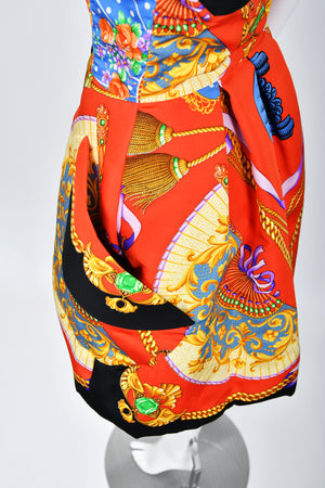 1991 Gianni Versace Documented Runway Baroque Print Silk Strapless Mini Dress