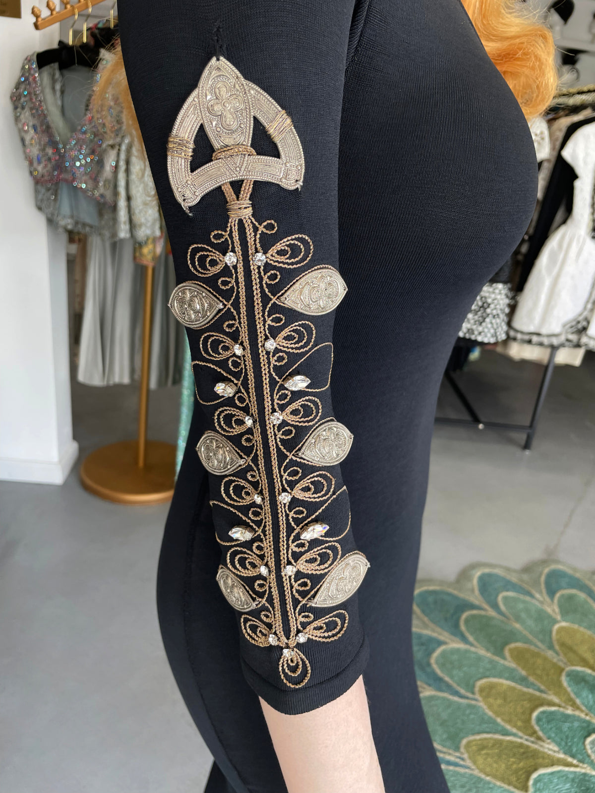 1994 Christian Dior Runway Metallic Embroidered Black Stretch Silk One-Sleeve Hourglass Dress