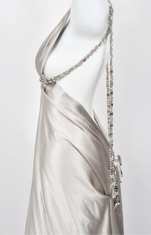2006 Dsquared2 Platinum Silk Jeweled Backless Trained Glamour Gown