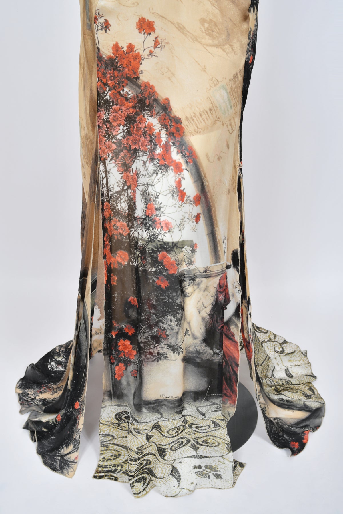 2004 Roberto Cavalli Runway Look 27 Metallic Silk &#39;Lady Print&#39; Cut-Out Gown