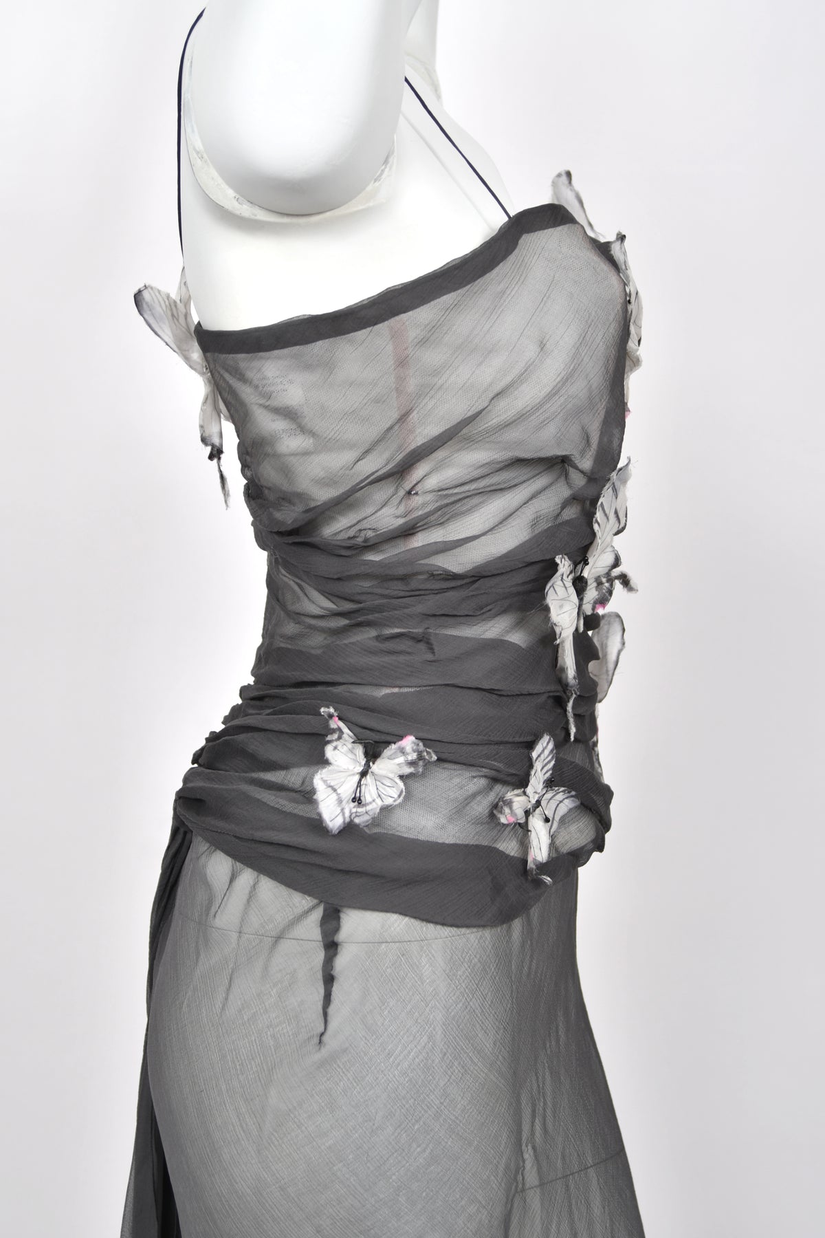 1998 Dolce &amp; Gabbana 'Stromboli Collection' Hand-Painted Butterflies Grey Sheer Silk Corset Gown