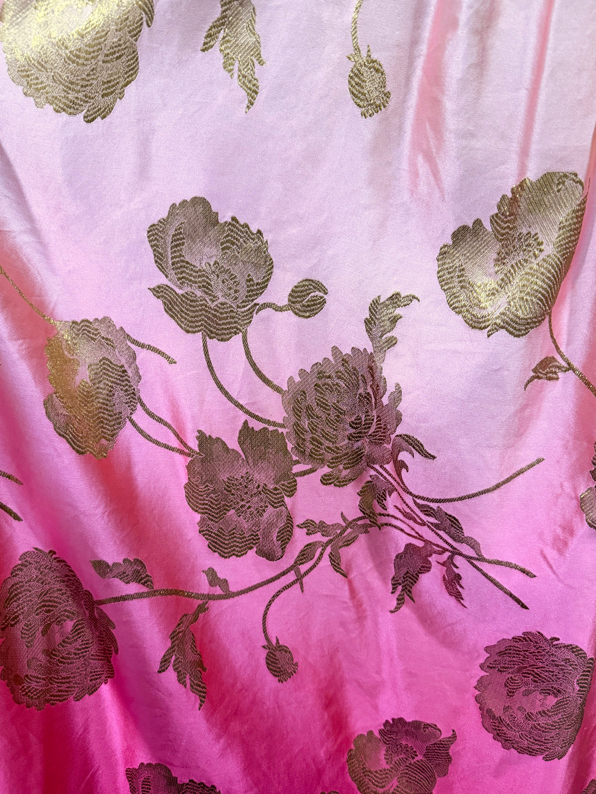1950’s Philip Hulitar Couture Metallic Floral Ombré Pink Silk Satin Appliquéd Strapless Gown