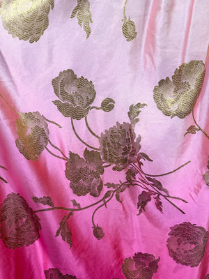1950’s Philip Hulitar Couture Metallic Floral Ombré Pink Silk Satin Appliquéd Strapless Gown