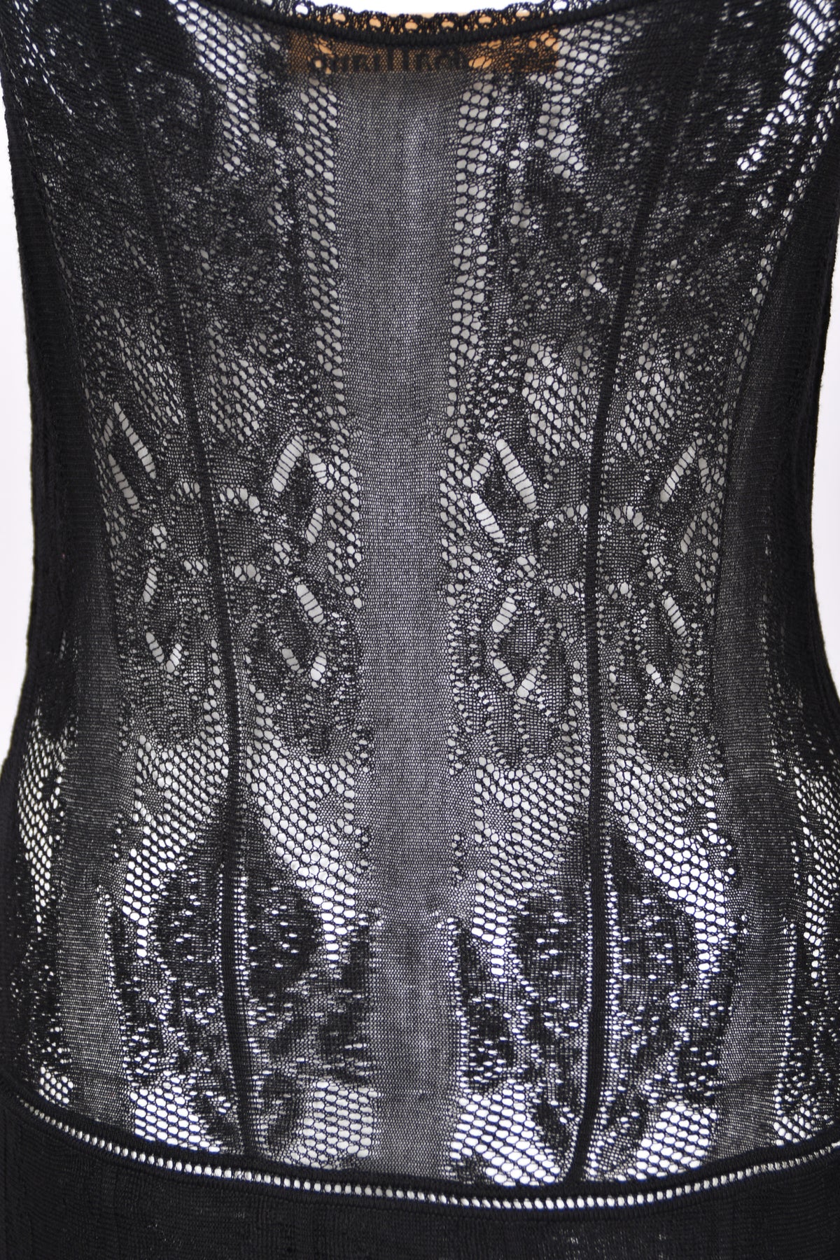 2003 John Galliano Embroidered Floral Sheer Black Pointelle Stretch Knit Bias-Cut Gown
