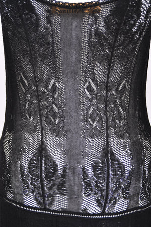 2003 John Galliano Embroidered Floral Sheer Black Pointelle Stretch Knit Bias-Cut Gown