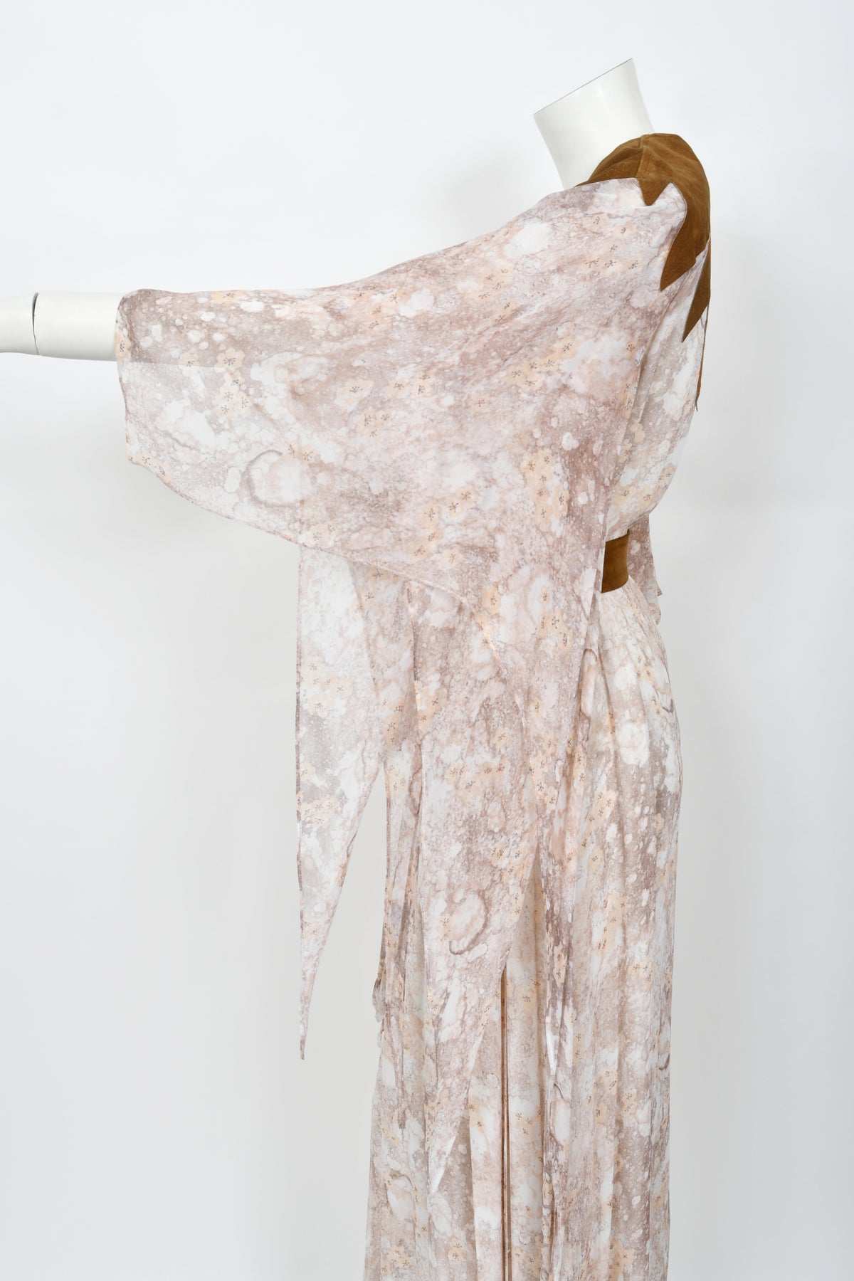 1971 Giorgio Sant&#39; Angelo Watercolor Chiffon &amp; Suede Angel-Sleeve Wrap Dress