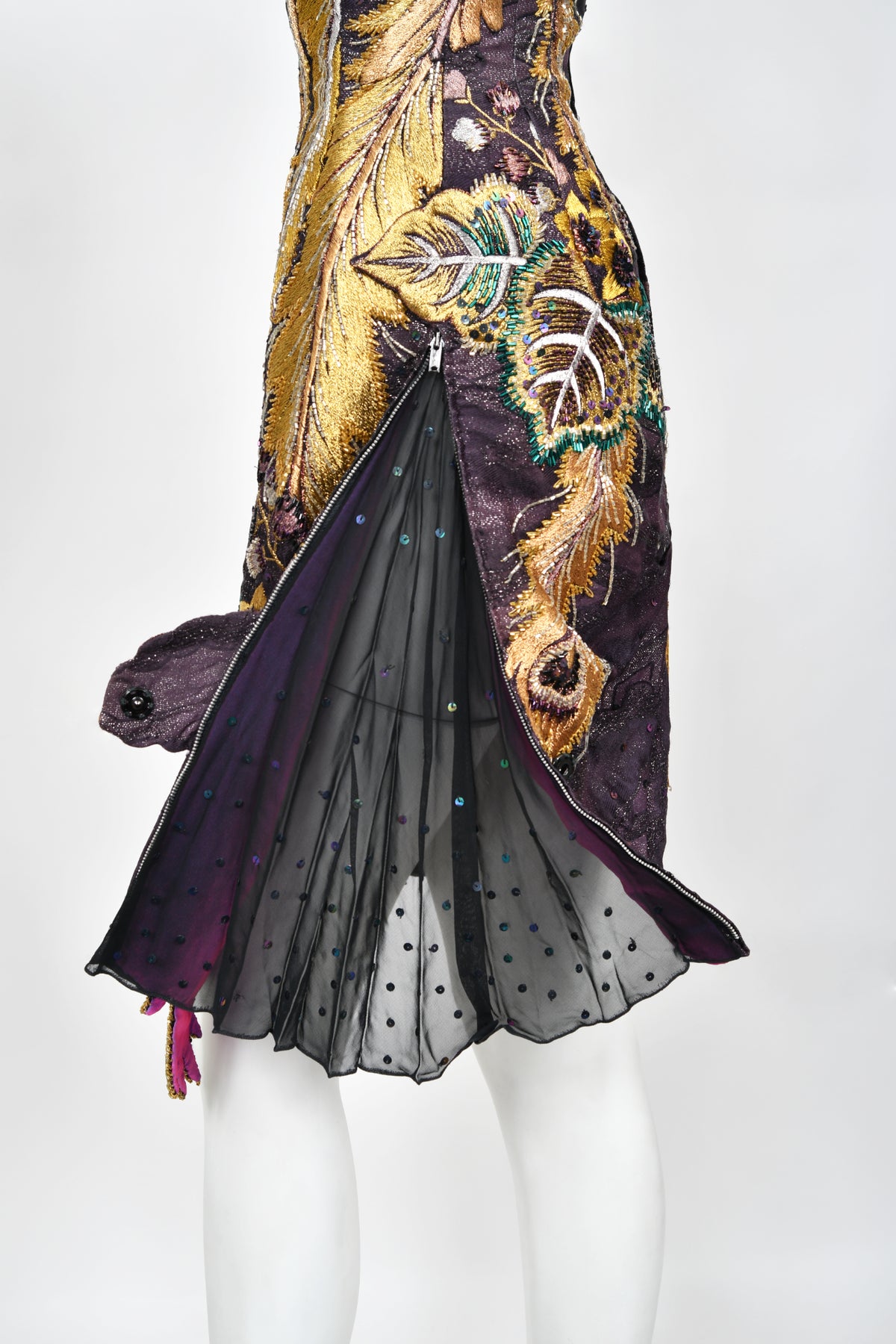 1970&#39;s Embroidered Peacock Motif Beaded Silk Couture Dance Dress