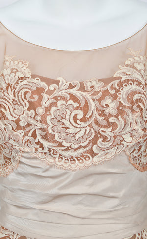 1950's Peggy Hunt Ivory Silk Appliquéd French Lace Nude-Illusion Full Skirt Dress