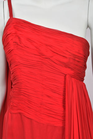 1960's Martha Weathered Couture Ruby-Red Pleated Silk Draped Goddess Gown