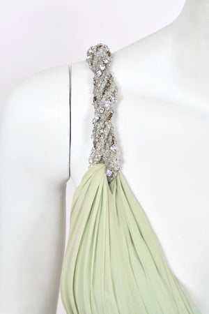 1965 Sarmi Couture Seafoam Green Jeweled Silk Chiffon Empire Plunge Grecian Gown