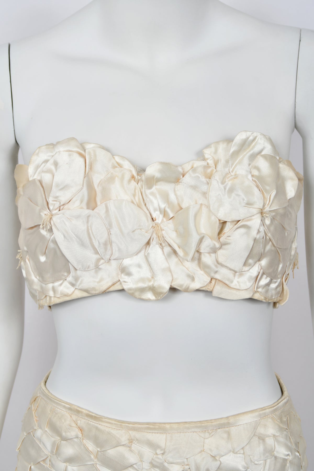 1950&#39;s Ivory Floral Appliqué Silk Bustier Crop Top &amp; Matching Fringe Skirt Set