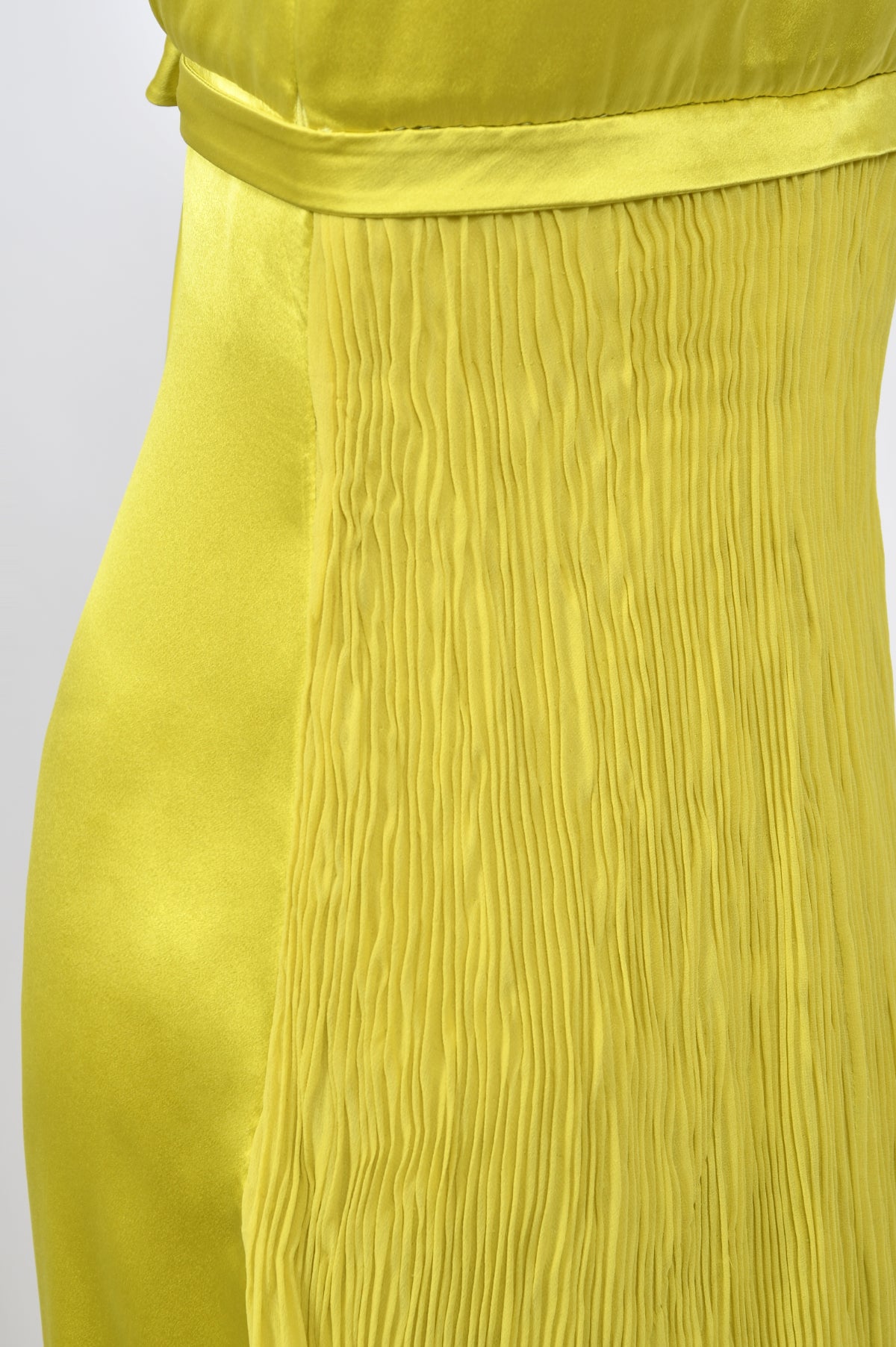 2005 Valentino Runway Chartreuse Yellow Silk Shelf-Bust Bustier High Slit Gown