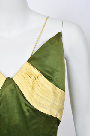 1950's Anne Verdi Green & Yellow Silk Winged-Bust Hourglass Trained Gown