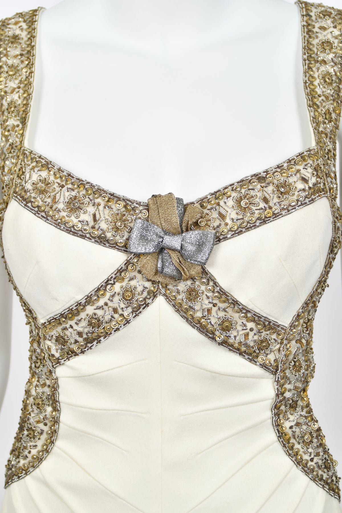 2003 Alexander McQueen Metallic Beaded Embroidered Ivory Wool Open-Back Dress