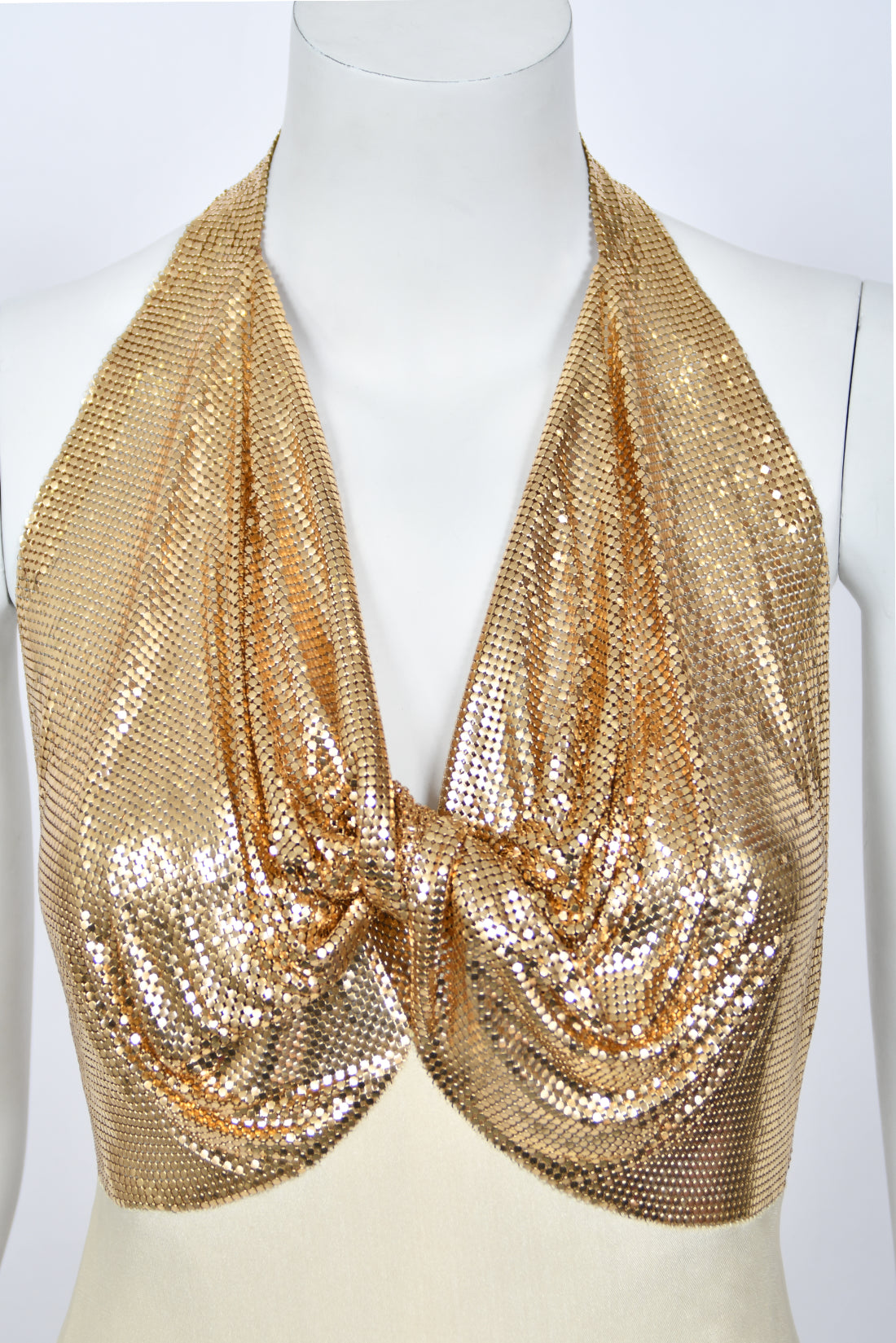 1972 Loris Azzaro Couture Ivory Silk-Jersey &amp; Gold Metal Mesh Backless Gown w/ Cape