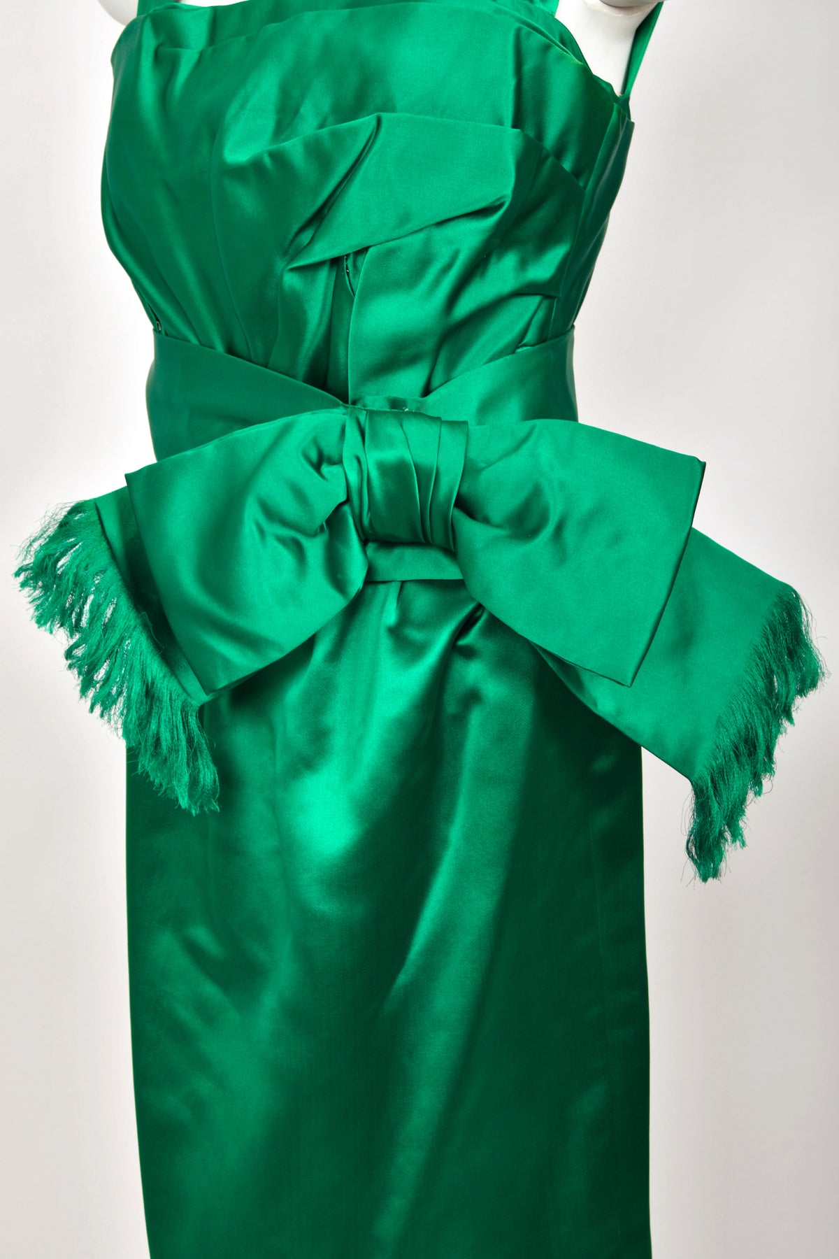 1958 Christian Dior by Yves Saint Laurent Emerald Green Satin Sash-Bow Cocktail Dress