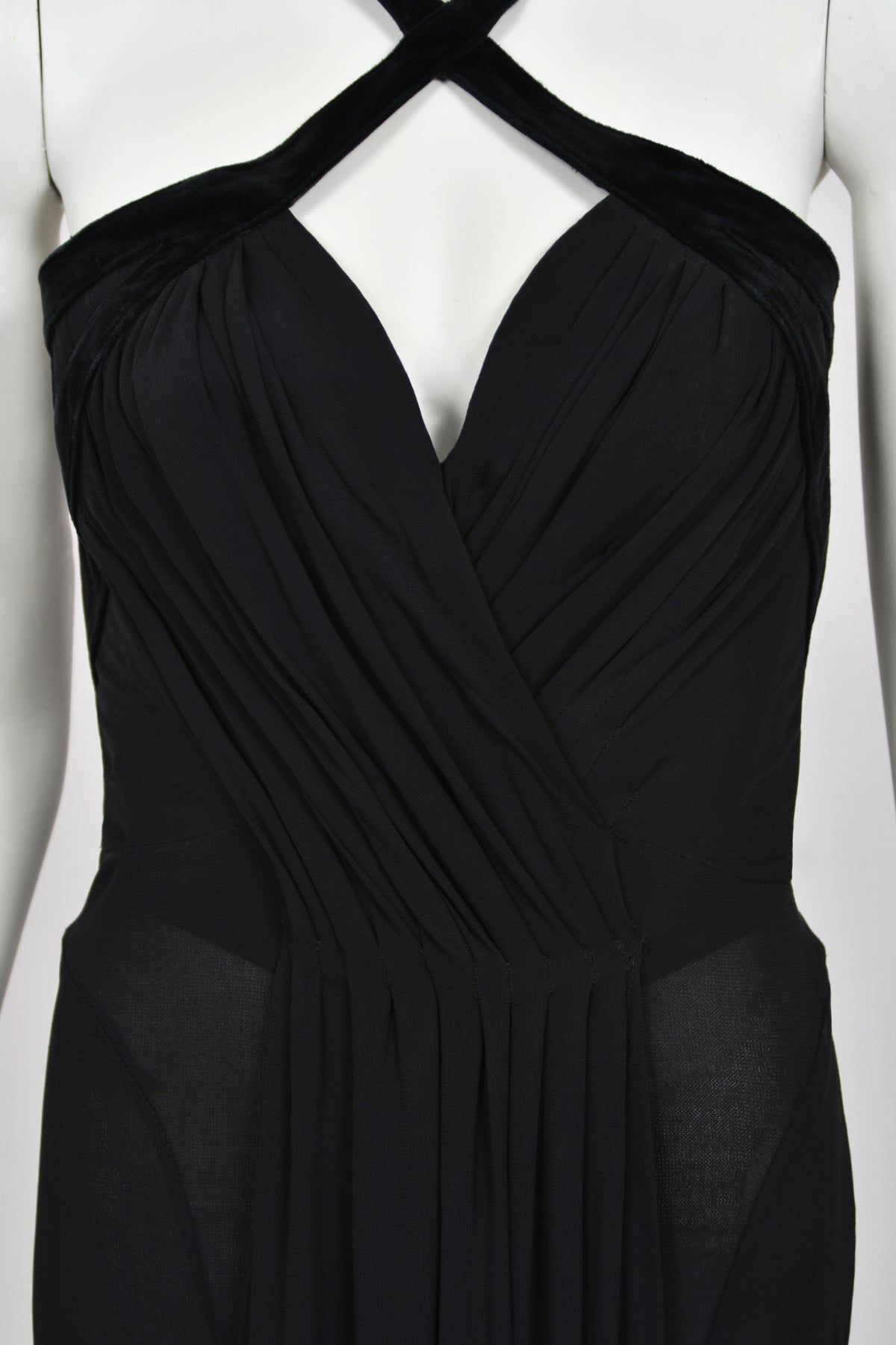 1998 Thierry Mugler Runway Black Silk-Jersey &amp; Velvet Bustier Cut-Out Halter Gown