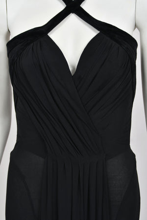 1998 Thierry Mugler Runway Black Silk-Jersey & Velvet Bustier Cut-Out Halter Gown