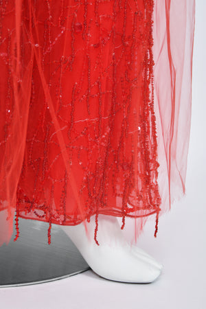 2001 Giorgio Armani 'Kate Moss for Vogue' Magazine Cover Fully-Beaded Ruby Red Silk Tulle Finale Gown