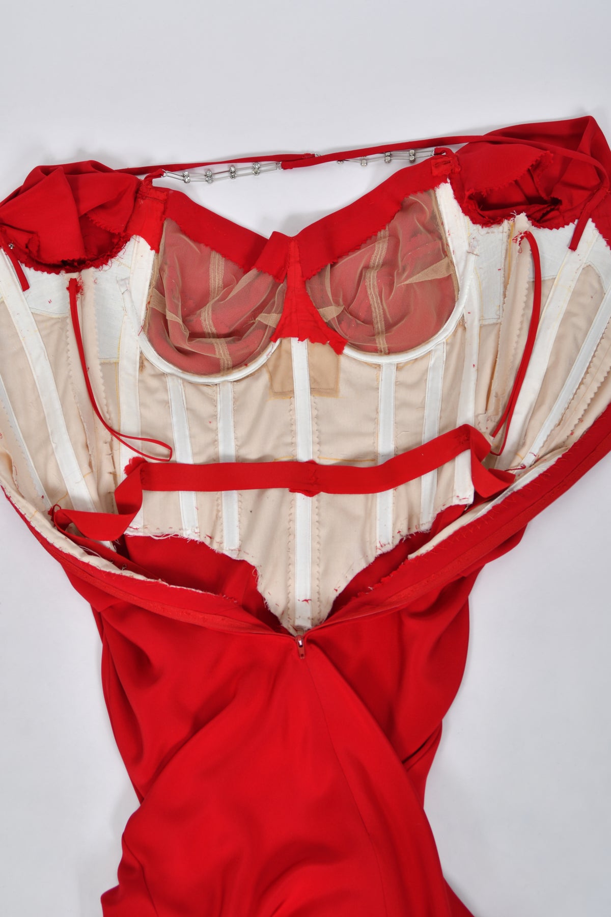 2000 Raquel Welch Custom Couture Ruby-Red Silk Bustier Hourglass Trained Gown