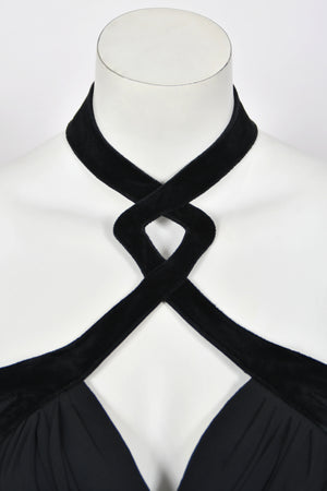 1998 Thierry Mugler Runway Black Silk-Jersey & Velvet Bustier Cut-Out Halter Gown