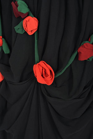 1990 Dolce & Gabbana Black Silk Chiffon Red-Roses Floral Appliqué Dress